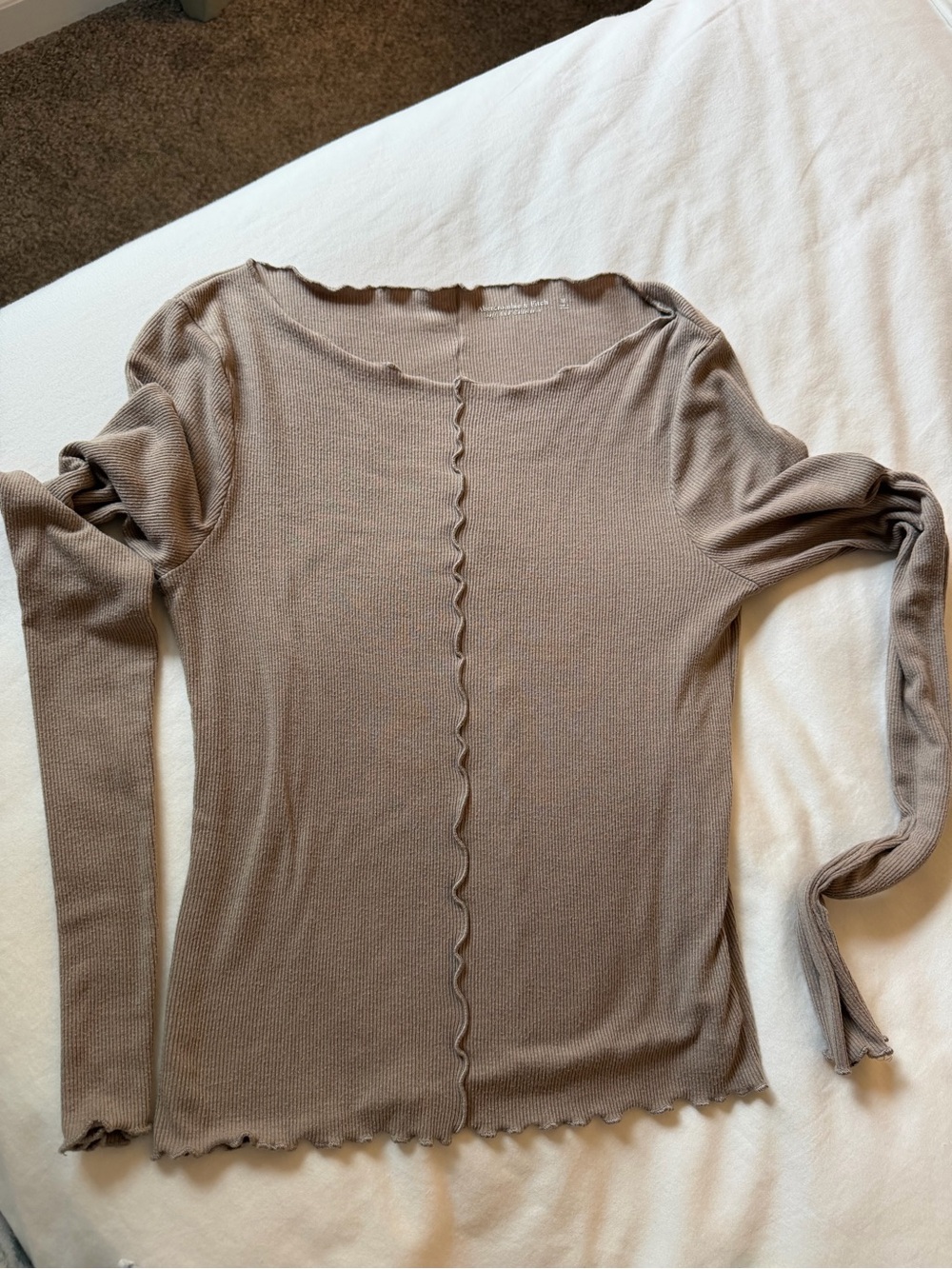Abercrombie & Fitch Taupe Ruffle-Trim Long Sleeve Top